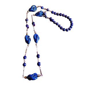 Antique Art Deco Lapis Blue Molded Glass Bead Necklace (A1509)